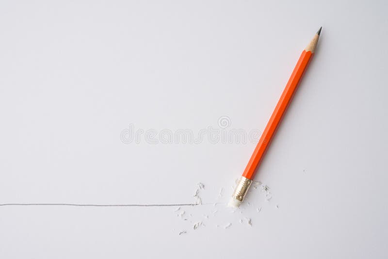 Flat lay of pencil eraser delete black line pencil on white paper background copy space. stock photos