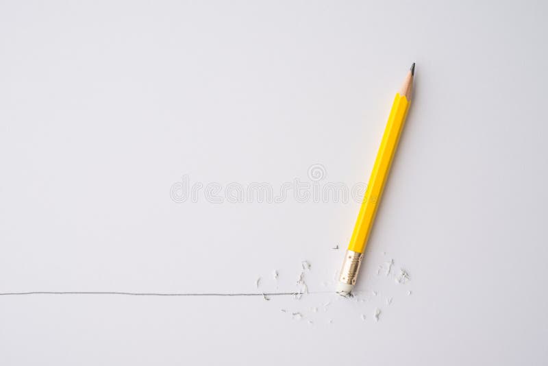 Flat lay of pencil eraser delete black line pencil on white paper background copy space. stock images
