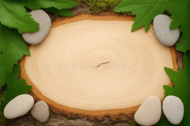 Empty Wood Surface with Fresh Greenery and Small Stones at Corners, Flat-Lay royalty free stock image