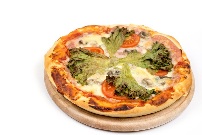 Flat Lay Pizza with Lettuce and Tomato with Copy Space Over White ...