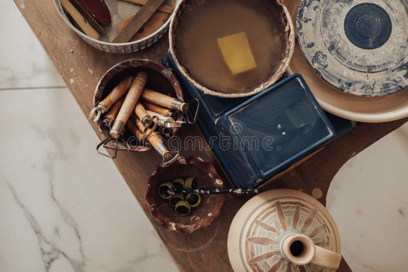 Flat Lay of Pottery Master Accessories, Potter Tools in the Ceramic