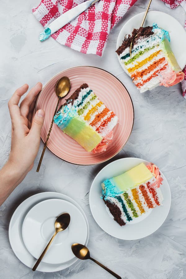 Flat Lay of Rainbow Vegan Cake Pieces on Grey Stock Photo Image of