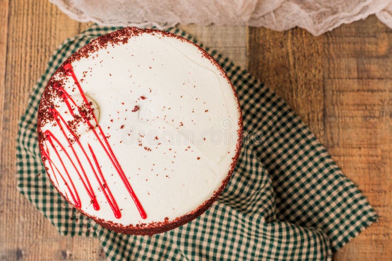 Flat lay of red velvet cake in rustic setting stock image Flat lay of red velvet cake in rustic setting stock image