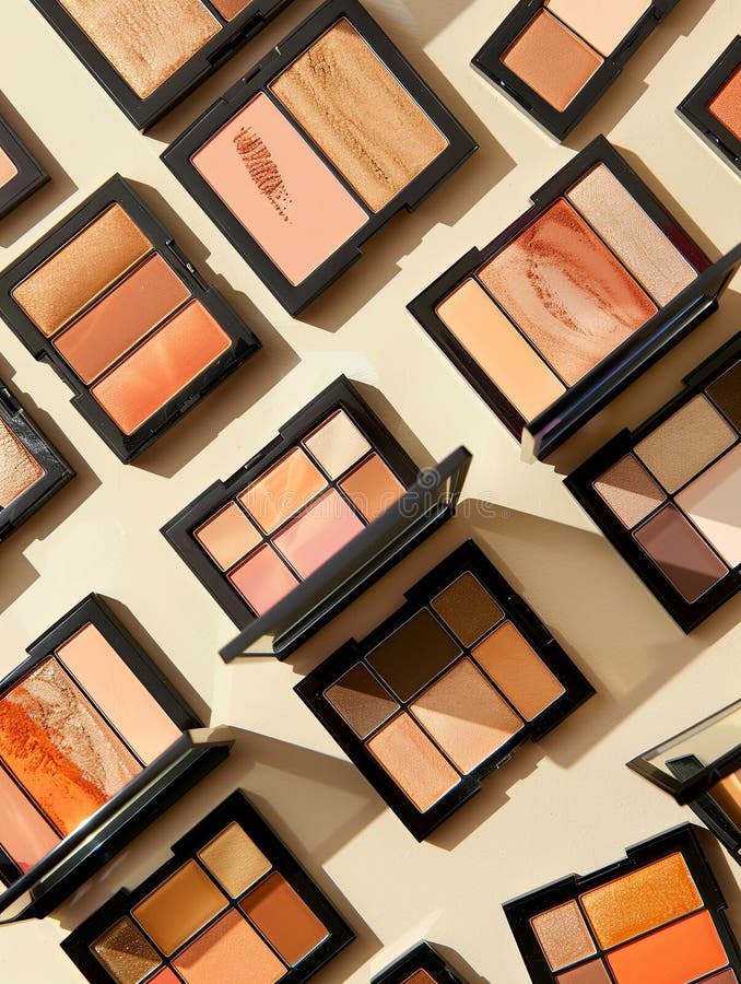 A flat lay showcasing various contouring and highlighting palettes with rich colors and elegant design. Generative AI stock photography