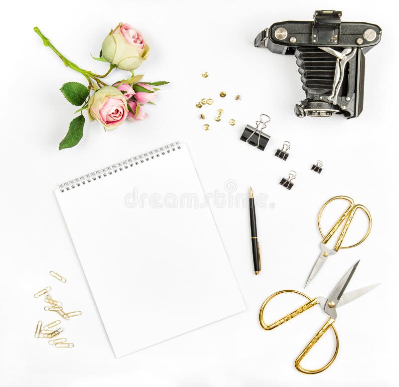 Flat lay sketchbook flowers vintage photo camera scissors stock photos Flat lay sketchbook flowers vintage photo camera scissors stock photos