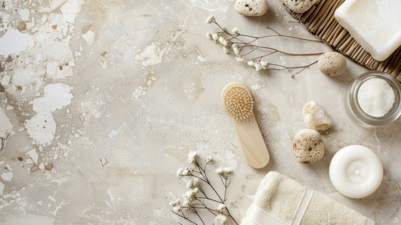 Spa essentials arranged on a marble surface stock photos