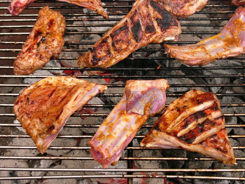 Flat Lay of Spicy Lamb Barbecue on the Charcoal Grill Stock Image