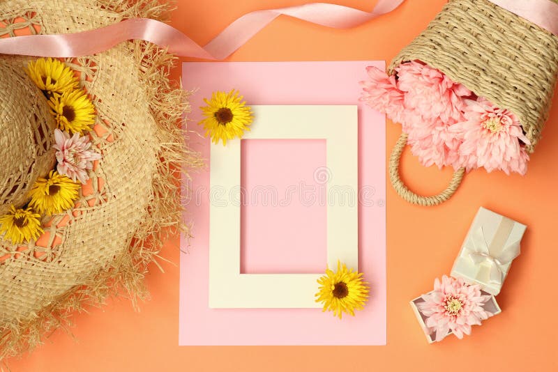 Download Flat Lay Summer Mockup Frame With Straw Hat Stock Photo - Image of background, flower: 149522792