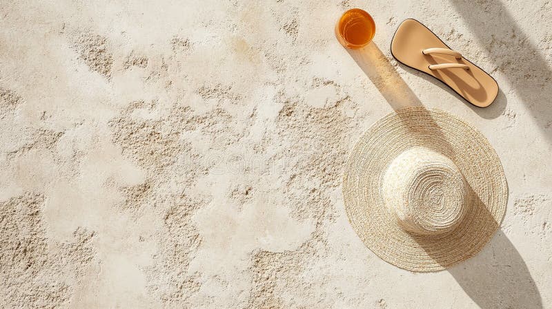 A flat lay of sunscreen, a hat, and flip-flops on a clean, sandy surface. digital stock image