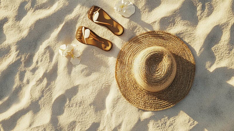 A flat lay of sunscreen, a hat, and flip-flops on a clean, sandy surface. digital stock photos