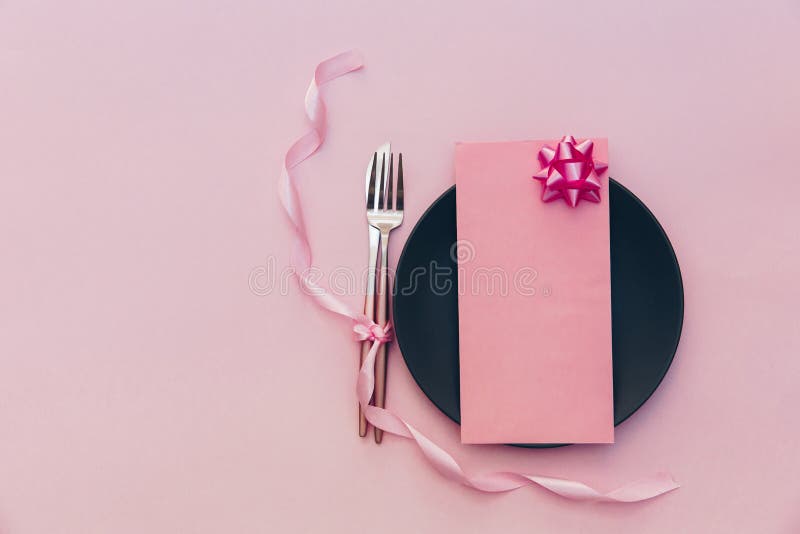 Flat lay table setting. Festive dinning. background with card. Top view. royalty free stock photography Flat lay table setting. Festive dinning. background with card. Top view. royalty free stock photography