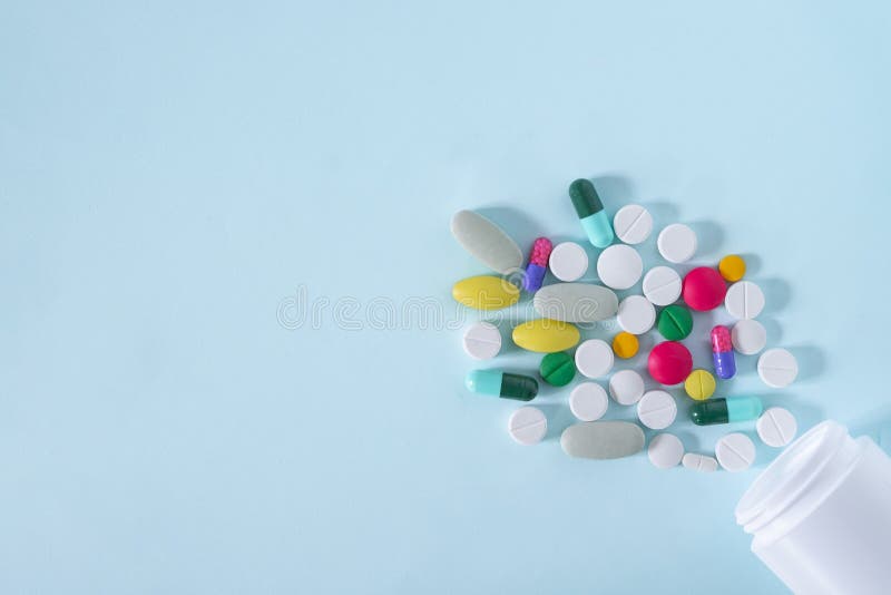 Flat Lay, Top View of Colorful, Assorted Pharmaceutical fotografia stock