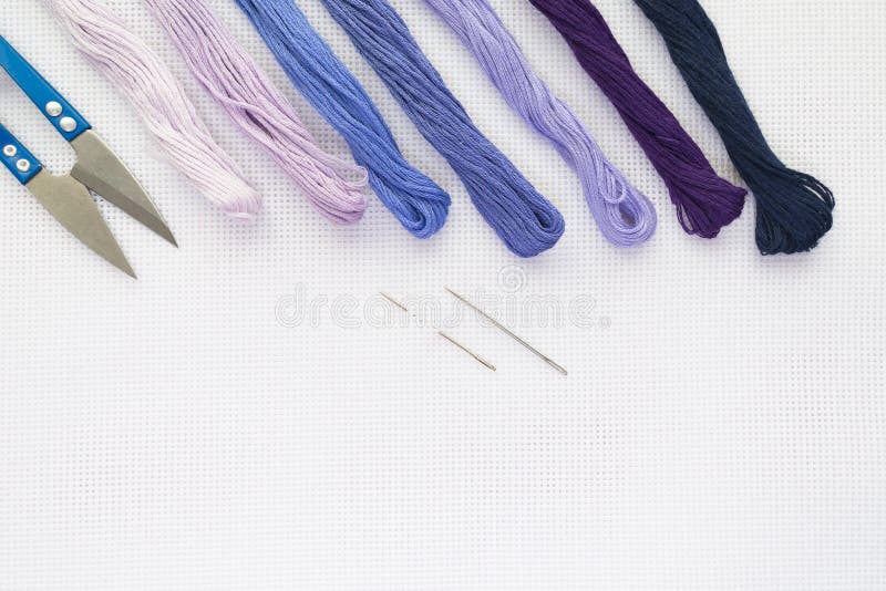 Flat Lay Top View with an Embroidery Canvas, Needles, Threads in Blue