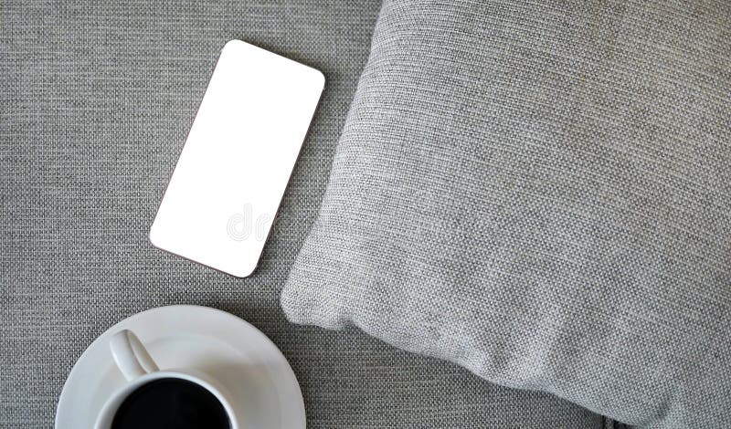Flat Lay, Top view smartphone mockup with clipping path, with a cup of coffee with copy space, freelancer workplace or online royalty free stock images