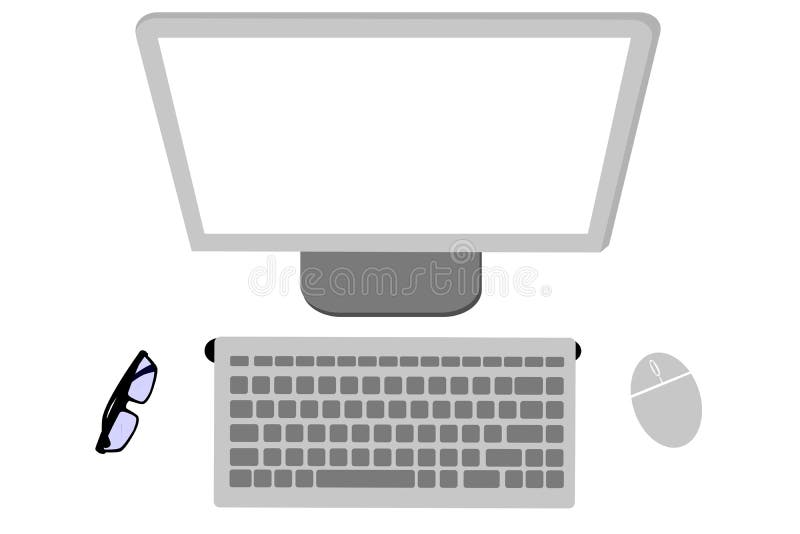 Flat lay or top view wireless Desktop Computer, mouse, monitor, keyboard and eyeglass vector illustration