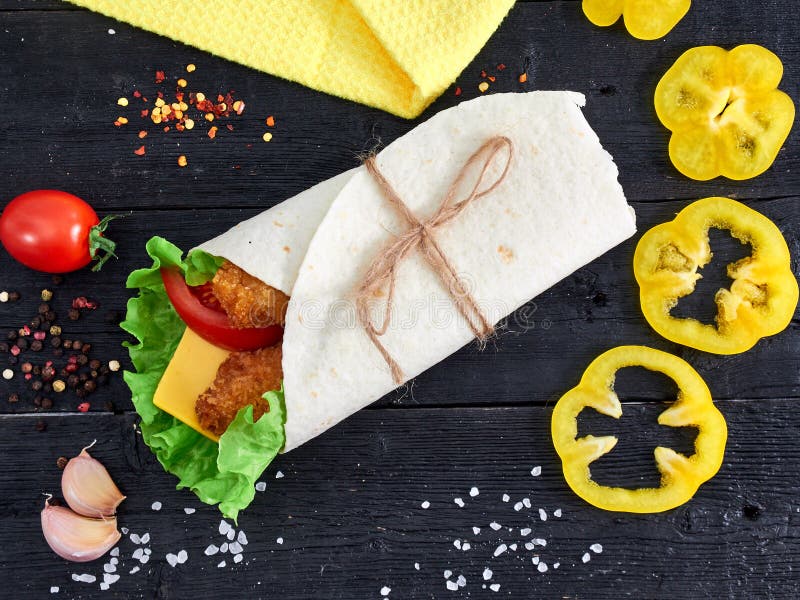 Flat Lay Tortilla Wrap Sandwich with Meat and Wegetables on Wood Stock Photo Image of healthy