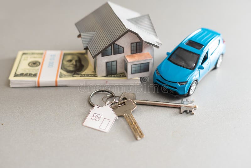 Flat Lay Toy Car, Toy House, Keys and Money on the Table Stock Photo Image of rent