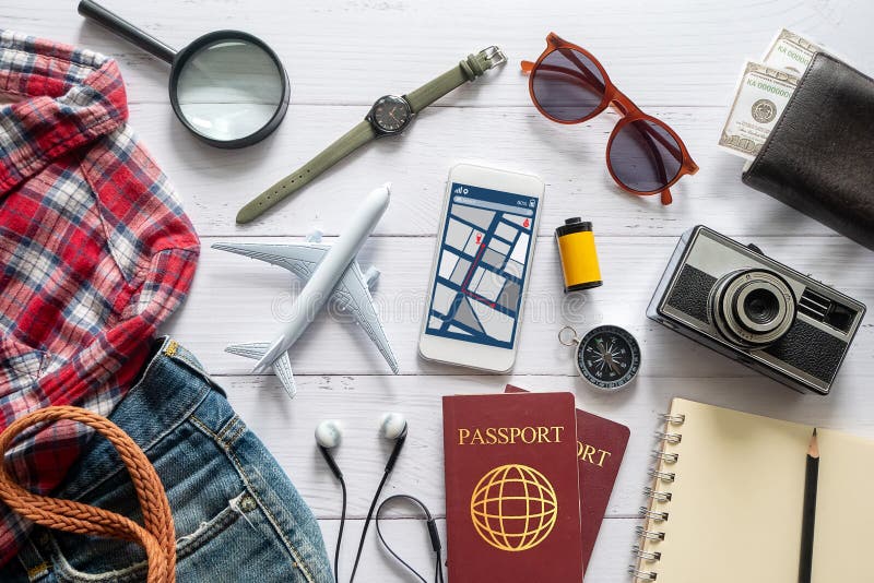 Flat Lay of Travel Item Accessory, Essential Vacation Items Accessory