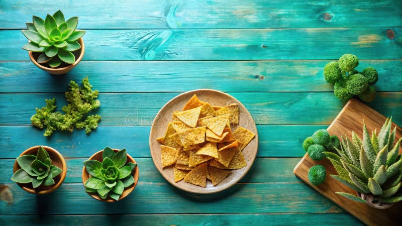 A flat lay of triangular snacks on a plate with succulents and other greenery on a turquoise wooden surface. Generative AI royalty free illustration
