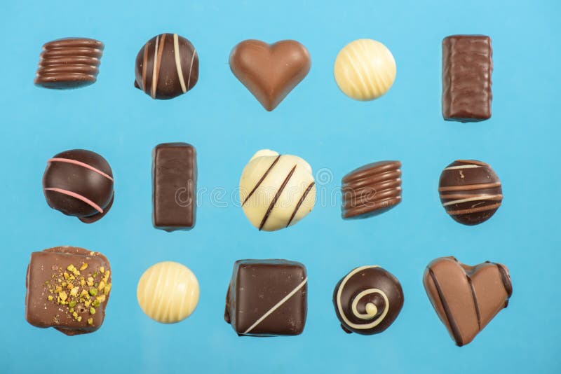 Flat lay with various chocolate candies