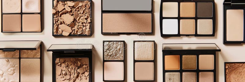 A flat lay of various contouring and highlighting palettes, featuring a mix of warm tones, organized on a light royalty free stock photos