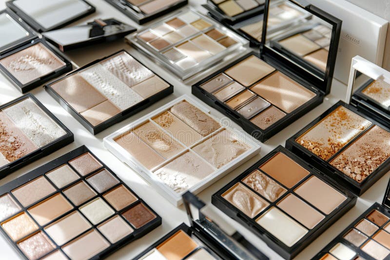 A flat lay of various contouring palettes and highlighters on a light background. Generative AI royalty free stock photo