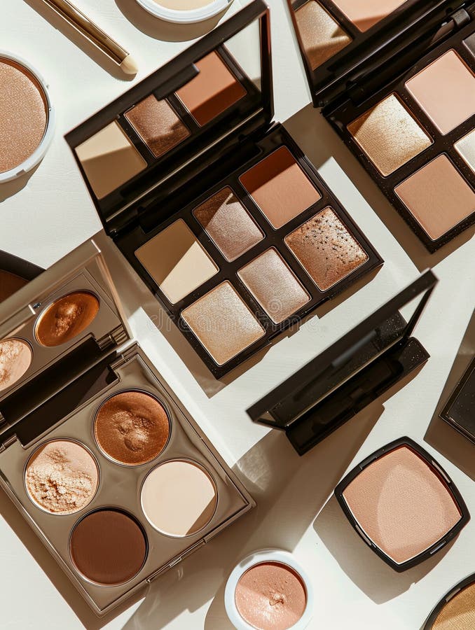 A flat lay of various makeup palettes, including contouring and highlighting options, arranged on a white surface stock image