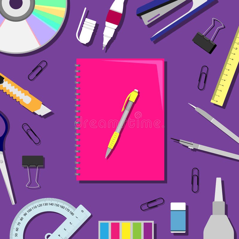 Flat lay vector illustration with a notebook and stationery stock illustration