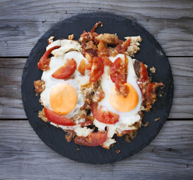 Fried Eggs with Tomatoes and Meat Stock Image Image of wood, protein