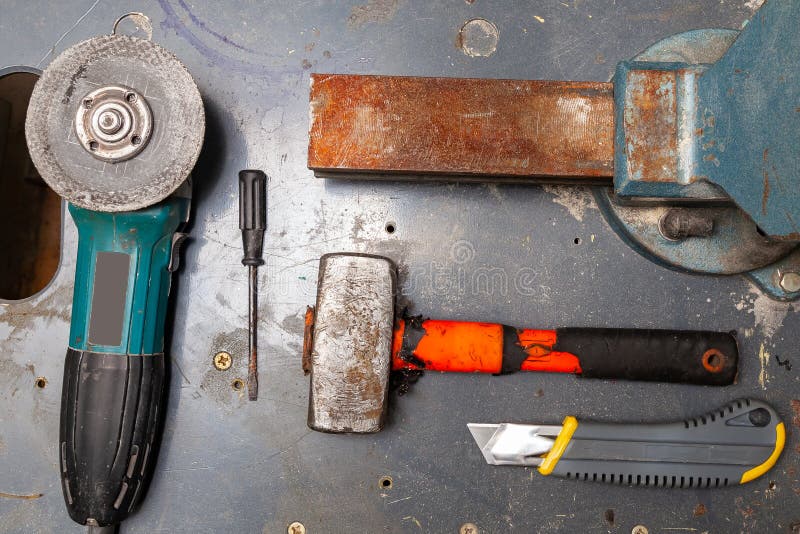 Flat Lay View of a Workbench with a Set of Tools Consisting of a Large