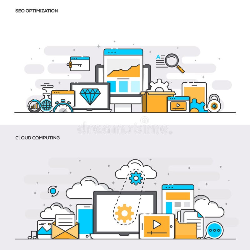 Flat line color concept- Seo and Cloud computing