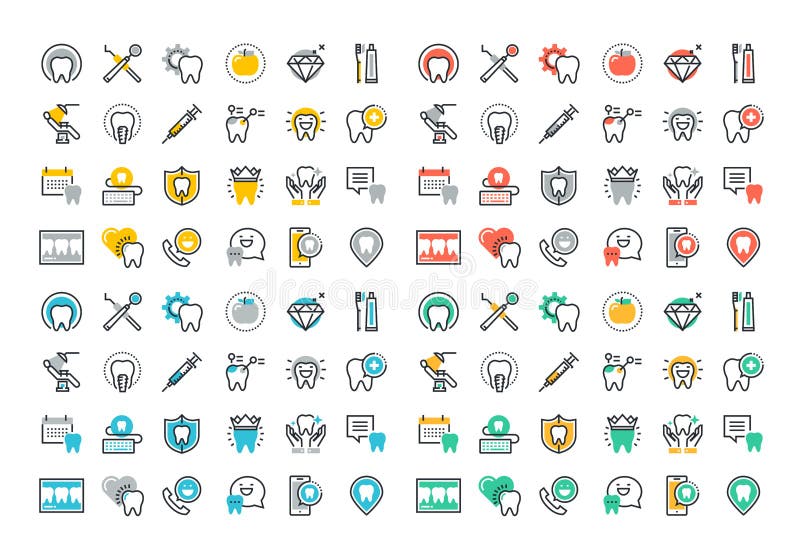 Flat line colorful icons collection of dental services royalty free illustration