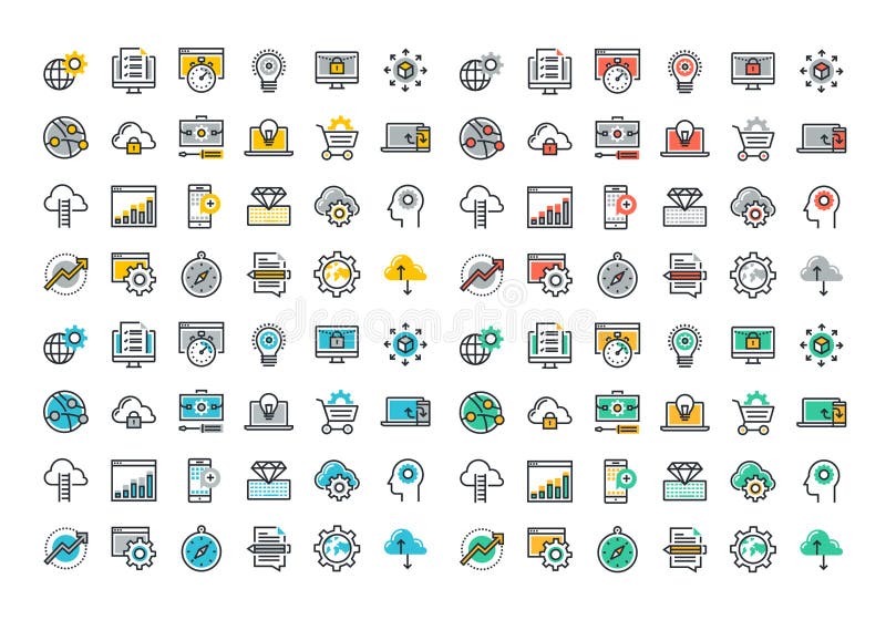 Flat line colorful icons collection of website and app development stock illustration