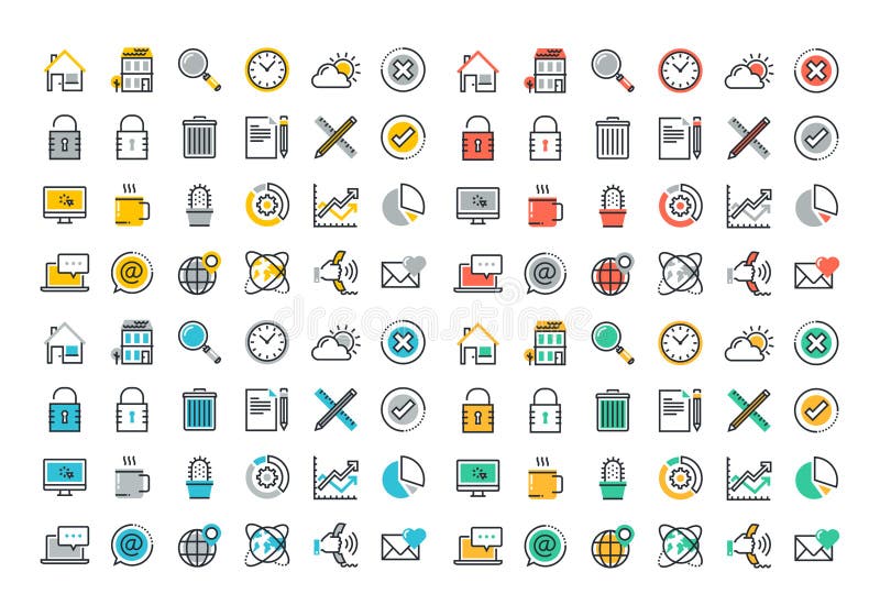 Flat line colorful icons collection of website main elements stock illustration