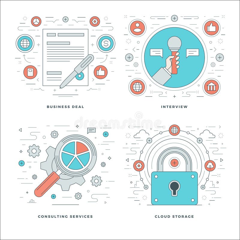 Flat line Consulting, Interview, Data Storage, Business Contract Concepts Set Vector illustrations. Modern thin linear stroke vector icons. Website Header vector illustration Flat line Consulting, Interview, Data Storage, Business Contract Concepts Set Vector illustrations. Modern thin linear stroke vector icons. Website Header vector illustration