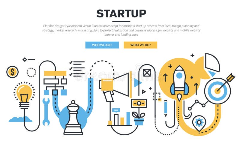 Flat line design concept for business startup process