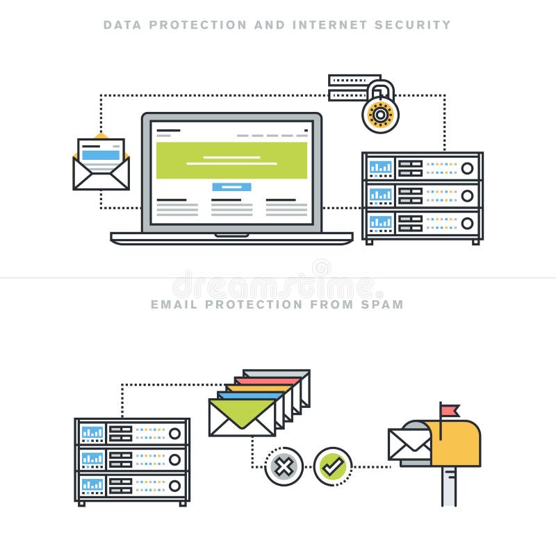 Flat line design concepts for internet security and email protection stock illustration