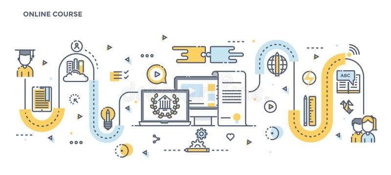Flat Line Design Header - Online course vector illustration
