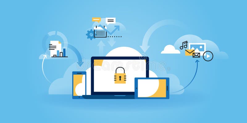 Flat line design website banner of internet security stock illustration