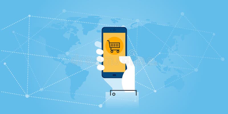 Flat line design website banner of mobile commerce vector illustration