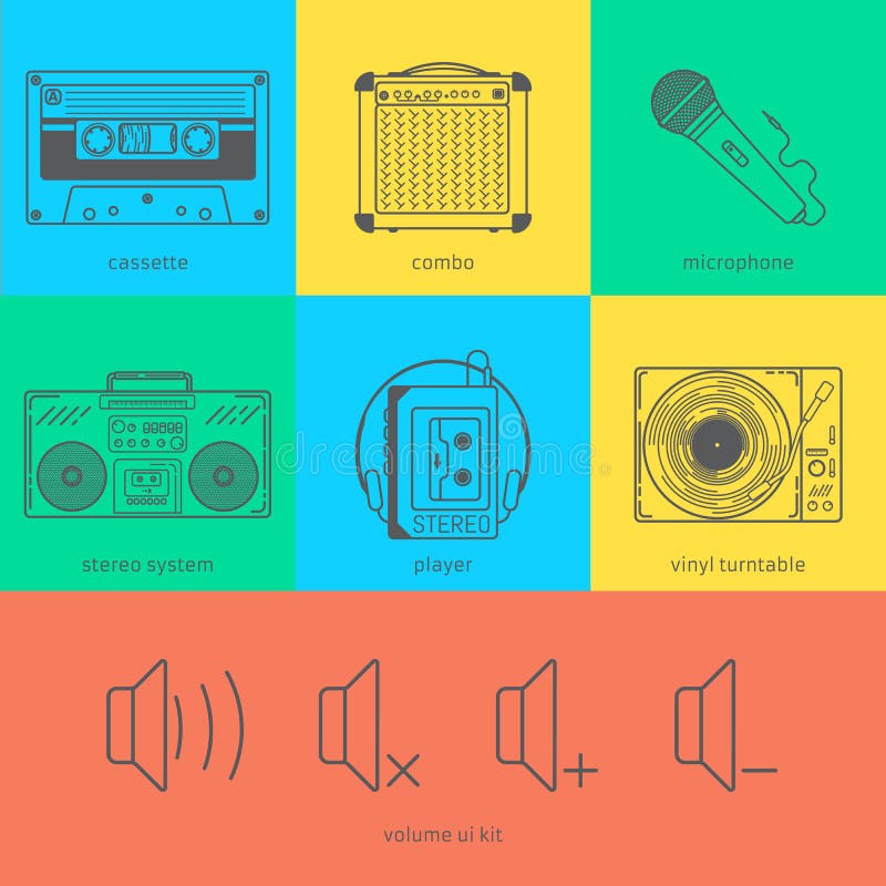 Flat line icons set of audio technic 90's like vector illustration Flat line icons set of audio technic 90's like vector illustration