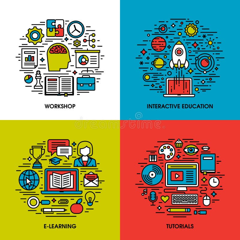 Flat line icons set of workshop, education, e-learning, tutorials vector illustration Flat line icons set of workshop, education, e-learning, tutorials vector illustration