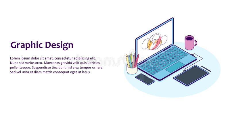 Flat line isometric illustration of designer workplace with computer and graphics tablet. stock illustration Flat line isometric illustration of designer workplace with computer and graphics tablet. stock illustration