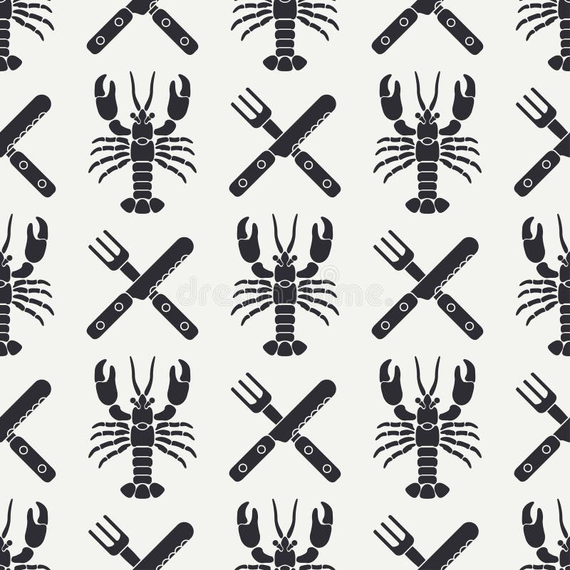 Flat line vector seamless pattern lobster, cutlery, fork, knife. Simplified retro. Cartoon style. Cancer. Omar. Seafood stock illustration Flat line vector seamless pattern lobster, cutlery, fork, knife. Simplified retro. Cartoon style. Cancer. Omar. Seafood stock illustration