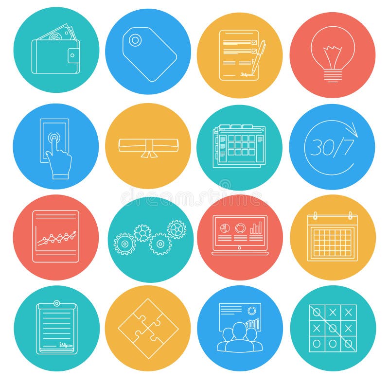Flat lines icons of business and finance. Electronic commerce, SEO, marketing, office. royalty free illustration Flat lines icons of business and finance. Electronic commerce, SEO, marketing, office. royalty free illustration