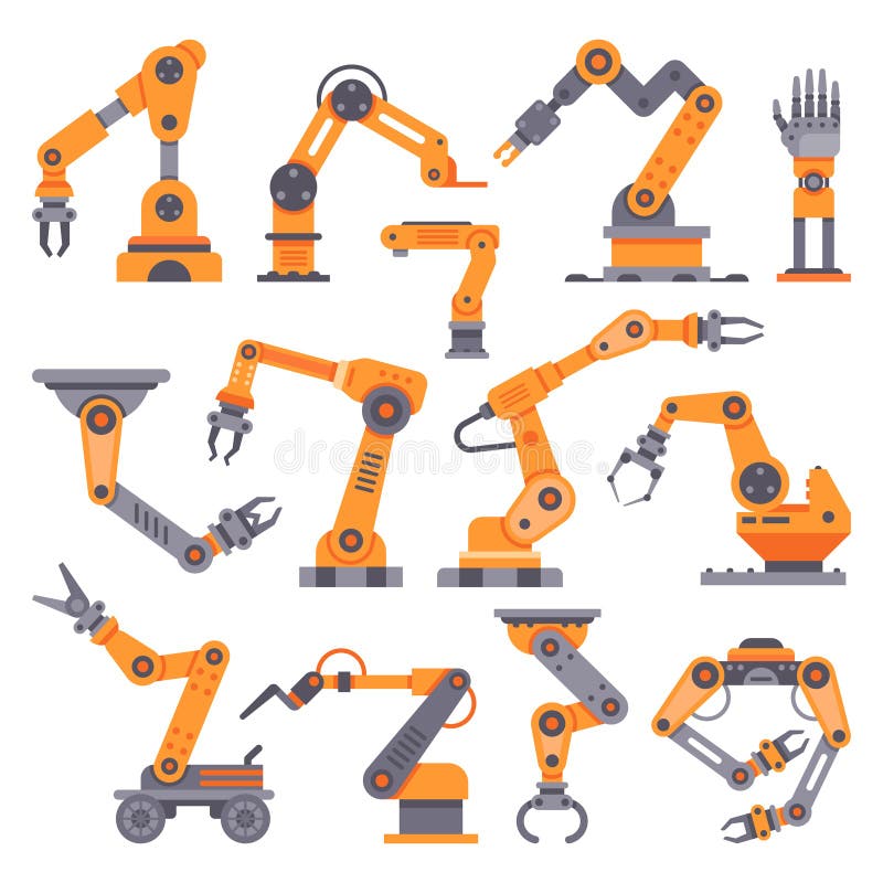 Flat manufacture robotic arm. Automatic robot arms, auto factory conveyor industrial equipment. Electronics robots hands stock illustration