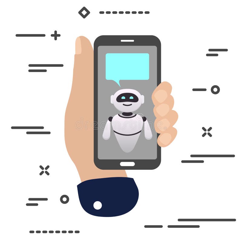 Flat minimal hand holding mobile phone with chat robot bot bubble frame icon on white background. bubble droid icon set for stock illustration