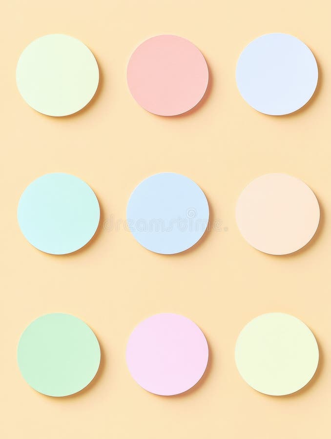 Flat pastel round sticker set displays vibrant colors over a warm background with soft shadows in an organized stock images