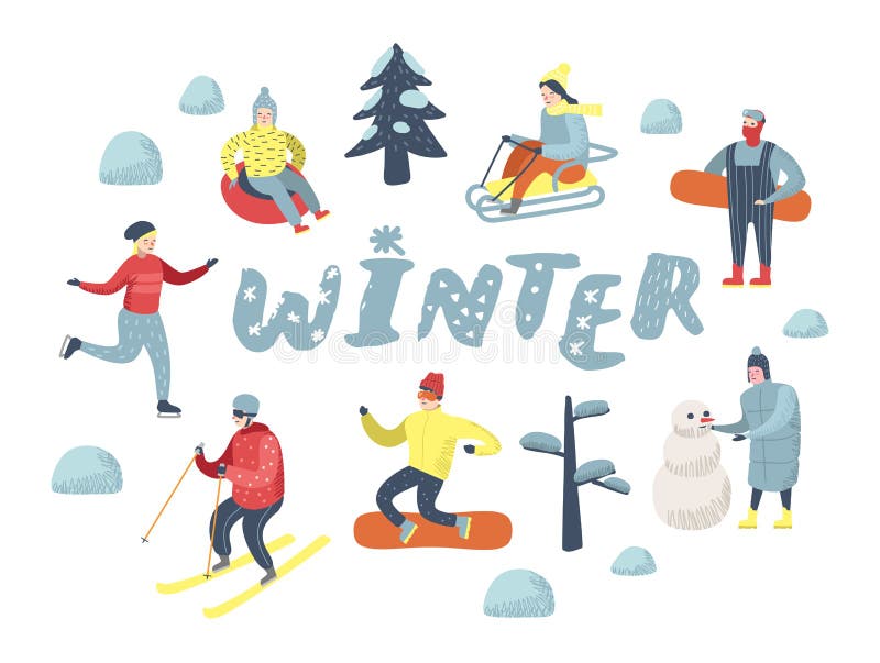 Flat People Characters on Happy Vacation. Winter Sports Sledding, Snowboard, Ski stock illustration Flat People Characters on Happy Vacation. Winter Sports Sledding, Snowboard, Ski stock illustration