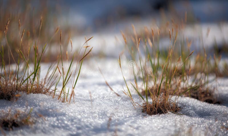 Flat photograph of early spring thawed patch with flattened grass emerging through snow stock image